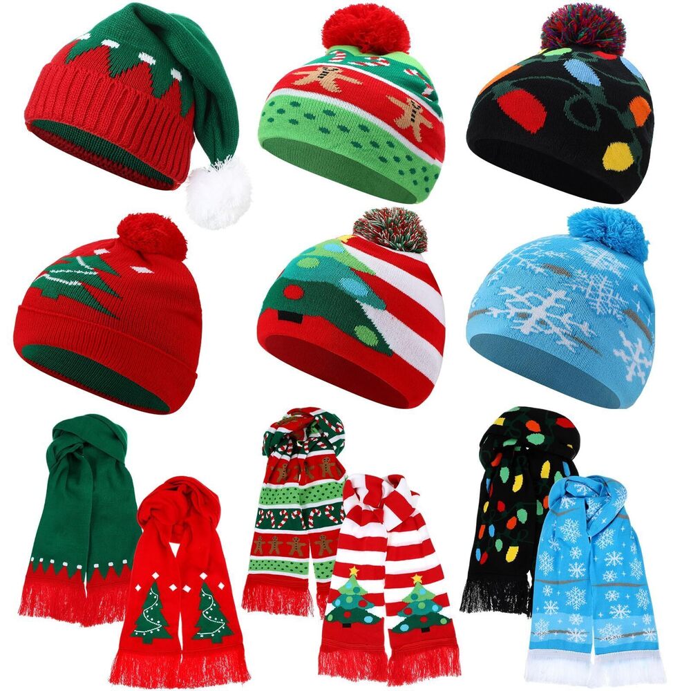 7529 12 Pcs Christmas Knitted Beanies and Scarf Set Xmas Santa Hat with Pom